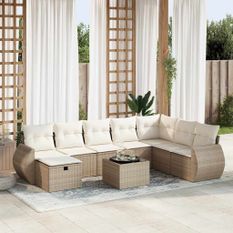 Salon de jardin avec coussins 9 pcs beige résine tressée