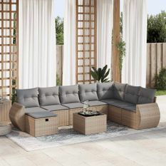 Salon de jardin avec coussins 9 pcs beige résine tressée