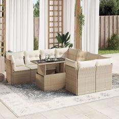 Salon de jardin avec coussins 9 pcs beige résine tressée