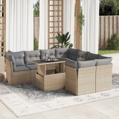 Salon de jardin avec coussins 9 pcs beige résine tressée