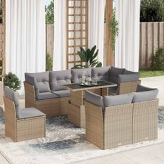 Salon de jardin avec coussins 9 pcs beige résine tressée