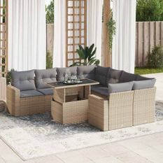 Salon de jardin avec coussins 9 pcs beige résine tressée