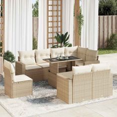 Salon de jardin avec coussins 9 pcs beige résine tressée