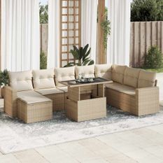 Salon de jardin avec coussins 9 pcs beige résine tressée