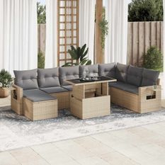 Salon de jardin avec coussins 9 pcs beige résine tressée