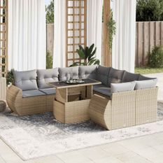 Salon de jardin avec coussins 9 pcs beige résine tressée