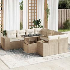 Salon de jardin avec coussins 9 pcs beige résine tressée