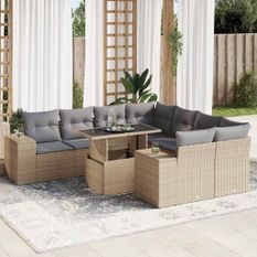 Salon de jardin avec coussins 9 pcs beige résine tressée