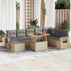 Salon de jardin avec coussins 9 pcs beige résine tressée