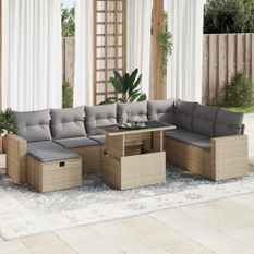 Salon de jardin avec coussins 9 pcs beige résine tressée