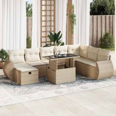 Salon de jardin avec coussins 9 pcs beige résine tressée