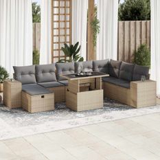 Salon de jardin avec coussins 9 pcs beige résine tressée