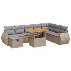 Salon de jardin avec coussins 9 pcs beige résine tressée acacia