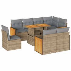 Salon de jardin avec coussins 9 pcs beige résine tressée acacia