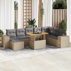 Salon de jardin avec coussins 9 pcs beige résine tressée acacia