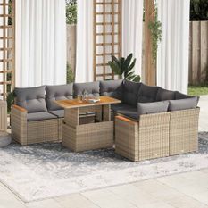 Salon de jardin avec coussins 9 pcs beige résine tressée acacia