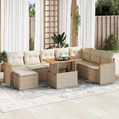 Salon de jardin avec coussins 9 pcs beige résine tressée acacia