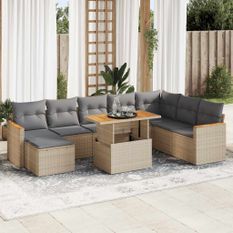 Salon de jardin avec coussins 9 pcs beige résine tressée acacia