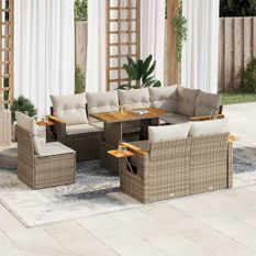 Salon de jardin avec coussins 9 pcs beige résine tressée acacia