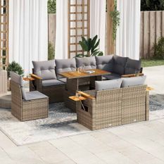 Salon de jardin avec coussins 9 pcs beige résine tressée acacia