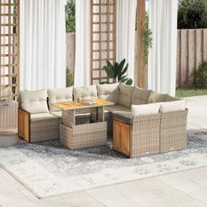 Salon de jardin avec coussins 9 pcs beige résine tressée acacia