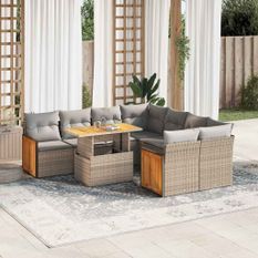 Salon de jardin avec coussins 9 pcs beige résine tressée acacia