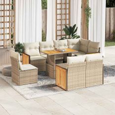 Salon de jardin avec coussins 9 pcs beige résine tressée acacia