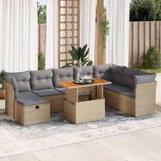 Salon de jardin avec coussins 9 pcs beige résine tressée acacia