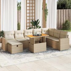 Salon de jardin avec coussins 9 pcs beige résine tressée acacia