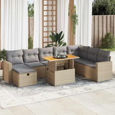 Salon de jardin avec coussins 9 pcs beige résine tressée acacia