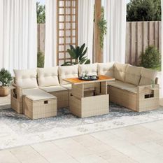 Salon de jardin avec coussins 9 pcs beige résine tressée acacia