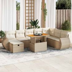 Salon de jardin avec coussins 9 pcs beige résine tressée acacia