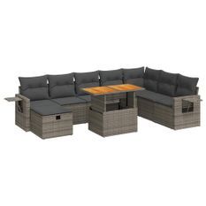 Salon de jardin avec coussins 9 pcs gris résine tressée acacia