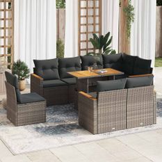 Salon de jardin avec coussins 9 pcs gris résine tressée acacia