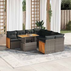 Salon de jardin avec coussins 9 pcs gris résine tressée acacia