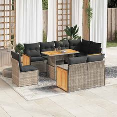 Salon de jardin avec coussins 9 pcs gris résine tressée acacia