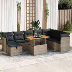 Salon de jardin avec coussins 9 pcs gris résine tressée acacia