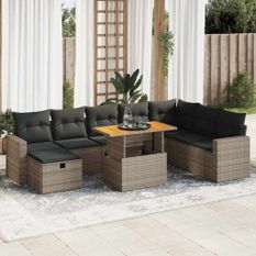 Salon de jardin avec coussins 9 pcs gris résine tressée acacia