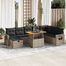 Salon de jardin avec coussins 9 pcs gris résine tressée acacia