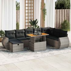 Salon de jardin avec coussins 9 pcs gris résine tressée acacia