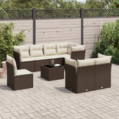 Salon de jardin avec coussins 9 pcs marron résine tressée