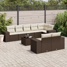 Salon de jardin avec coussins 9 pcs marron résine tressée