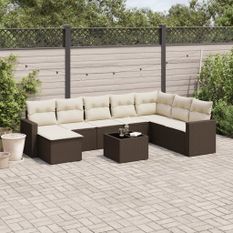 Salon de jardin avec coussins 9 pcs marron résine tressée