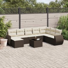 Salon de jardin avec coussins 9 pcs marron résine tressée