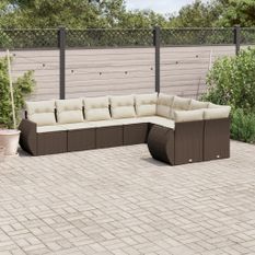 Salon de jardin avec coussins 9 pcs marron résine tressée