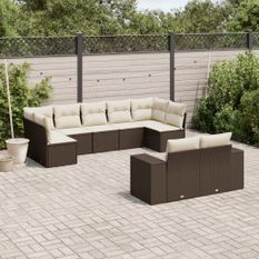 Salon de jardin avec coussins 9 pcs marron résine tressée