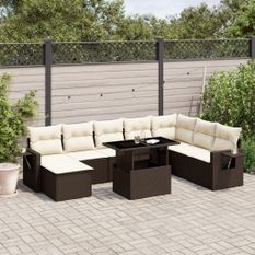 Salon de jardin avec coussins 9 pcs marron résine tressée