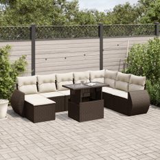 Salon de jardin avec coussins 9 pcs marron résine tressée