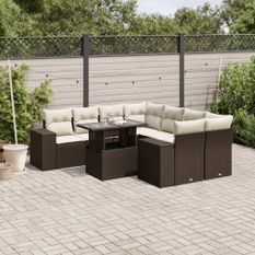 Salon de jardin avec coussins 9 pcs marron résine tressée