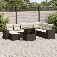 Salon de jardin avec coussins 9 pcs marron résine tressée